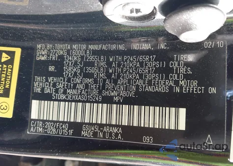 2010 Toyota Highlander Base V6 из США, поврежденный, VIN 5TDBK3EHXAS015249